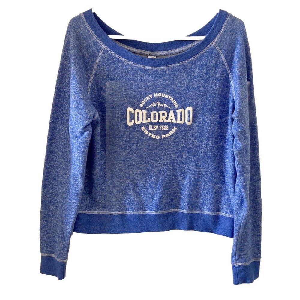 Pimatee Blue Long Sleeve Cropped Sweatshirt Top Women Medium Colorado Estes Park